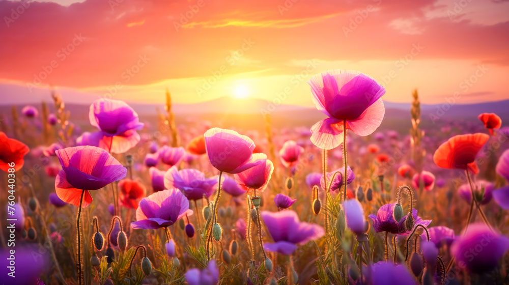 Panoramic view of the sunlight or sunset over the mountains, with a field of bright red and purple wildflowers and poppies. Generated AI. Beautiful layout for a postcard