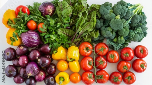 Assorted Fresh Vegetables Rainbow Layout on White Background for Healthy Eating and Nutrition