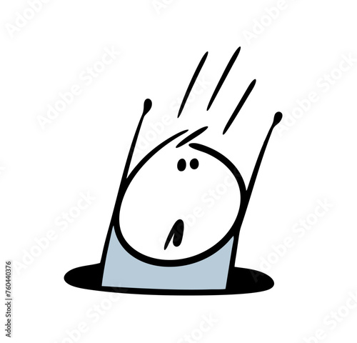 Cartoon stickman fell into a black hole on the road. Vector illustration of an unexpected problem. A frightened man is calling for help. Isolated doodle hand drawing on white background.