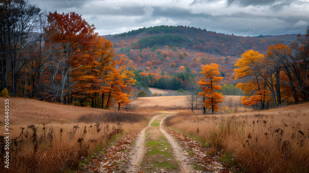 Naklejka premium A winding path meanders through a forest adorned with the fiery hues of autumn foliage, their vibrant colors ablaze under a subdued, overcast sky.