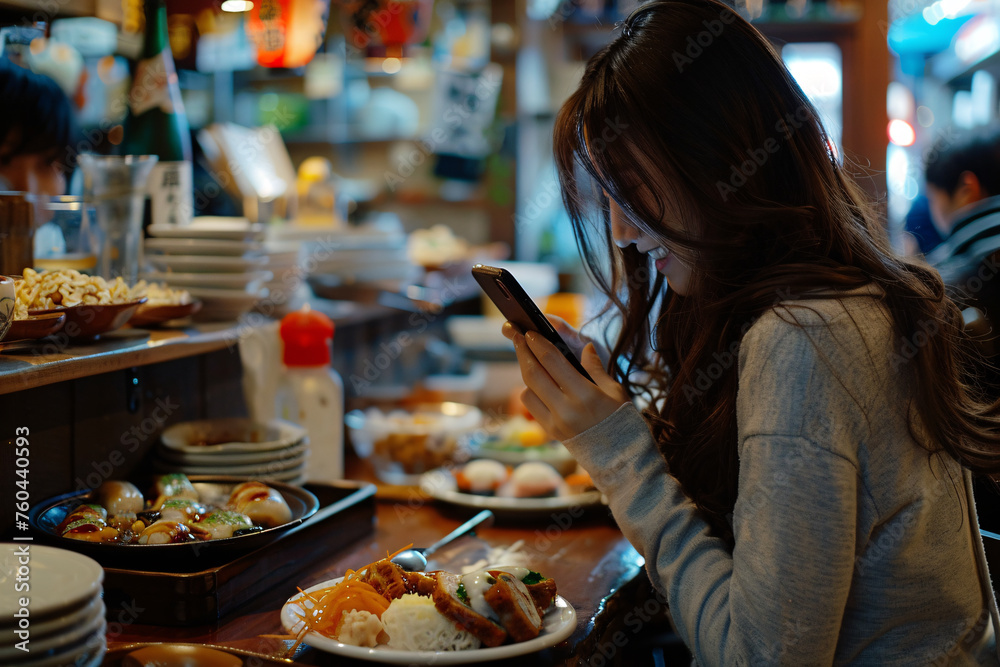 A young woman laughing and looking at her smartphone during dinner at a restaurant A young woman laughing and looking at her smartphone during dinner at a restaurant