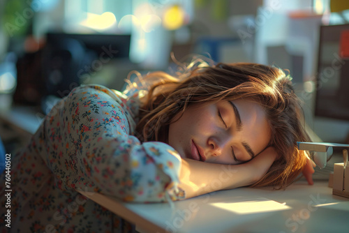 A woman asleep at the office desk, quiet quitting concept