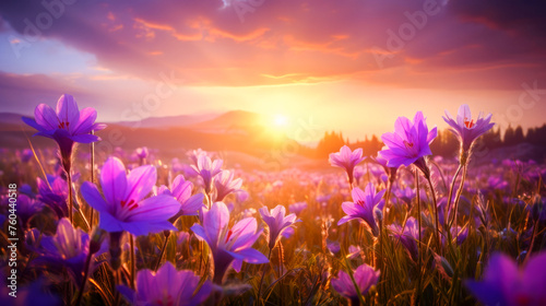 Panoramic view of the sunlight or sunset over the mountains, with a field of vibrant purple wildflowers and poppies. Generated AI. Beautiful layout for a postcard © Kufotos