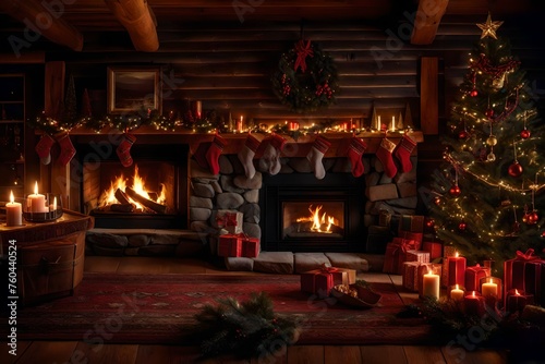 A cozy cabin room with a roaring fireplace and seasonal decorations.