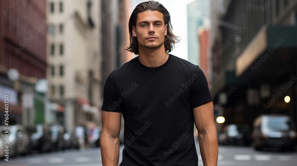 a model in black t shirt in the town