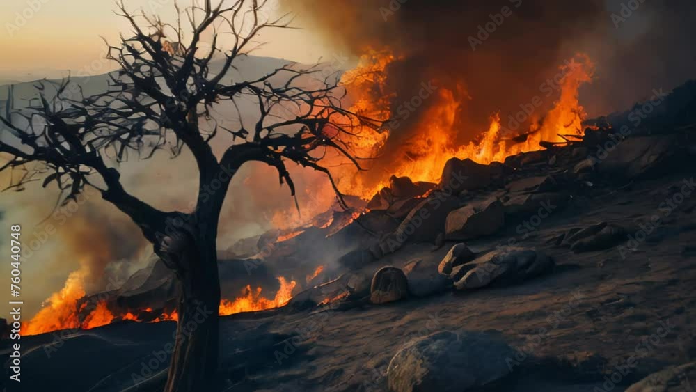 Bare tree and background wildfire, flames and smoke, urgency of natural disaster.
Bare tree and background wildfire, flames and smoke, urgency of natural disaster.