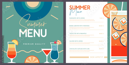 Retro summer restaurant cocktail menu design. Vector illustration