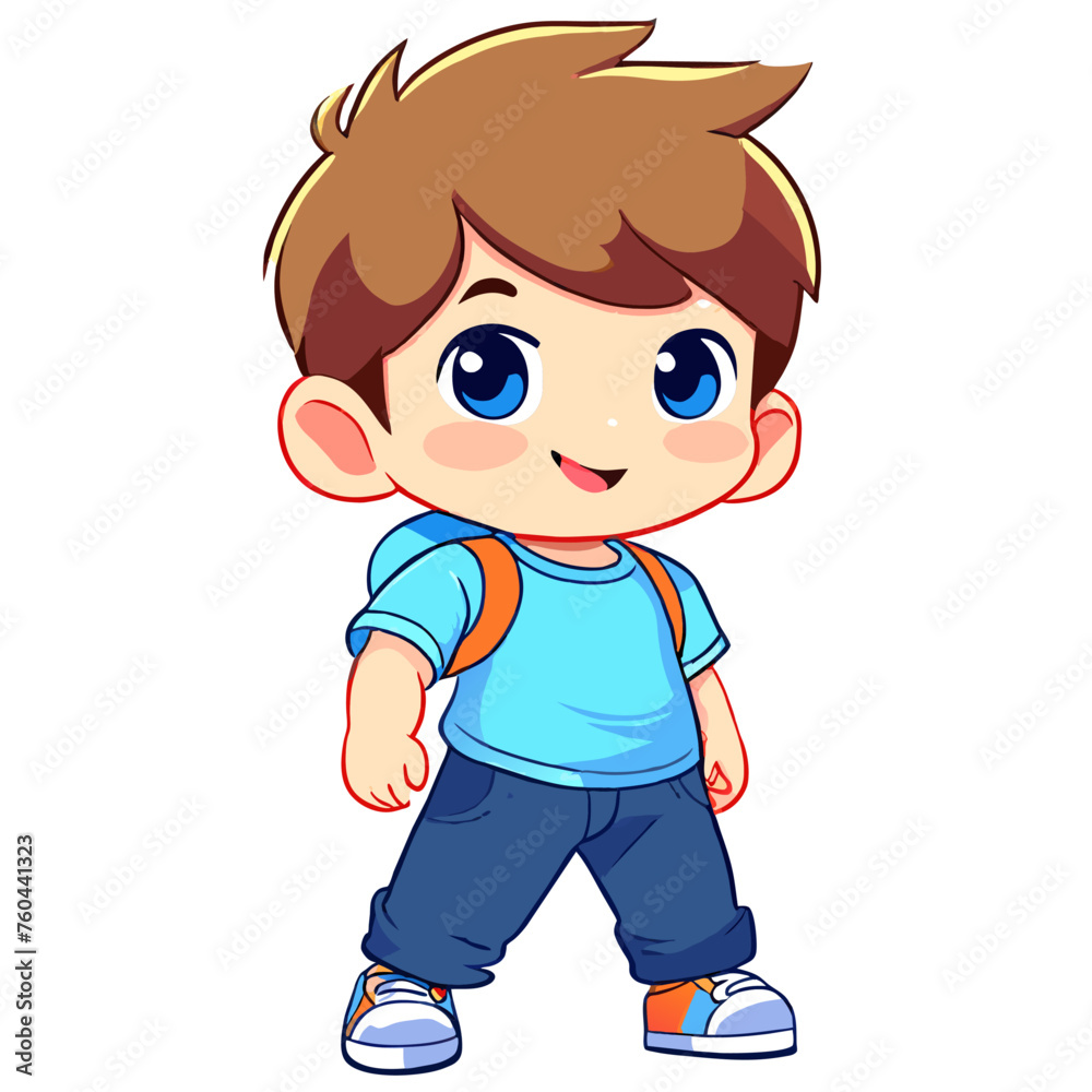 A cartoon illustration of a young boy with brown hair, wearing blue jeans and a blue shirt, smiling with a backpack on his back, on a white background. A cartoon illustration of a young boy with brown hair, wearing blue jeans and a blue shirt, smiling with a backpack on his back, on a white background.