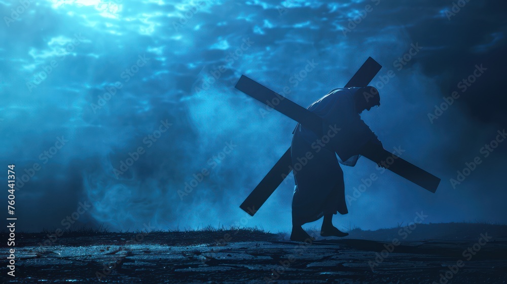 Fototapeta premium The figure of Jesus Christ carrying the cross up Calvary on Good Friday. The sky is dark and ominous