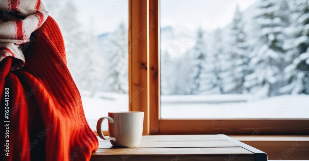 Obraz premium Cocoa on a windowsill with a serene winter landscape at twilight, evoking peace and comfort.