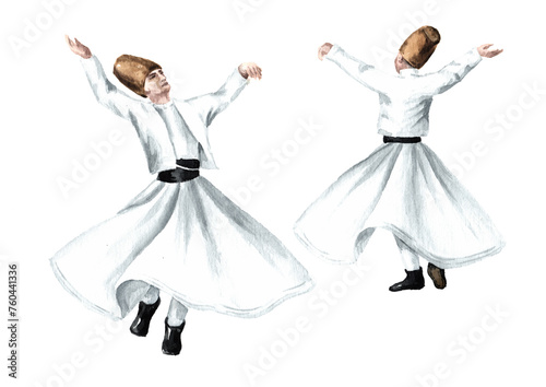 Whirling dervishes, traditional sufi festive Mevlana Rumi in Konya, Turkey. Hand drawn watercolor  illustration  isolated on white background © dariaustiugova