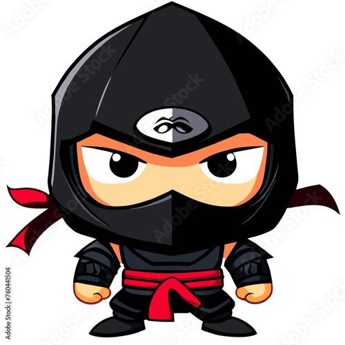 Cartoon ninja warrior with black mask and red belt, isolated on white background.