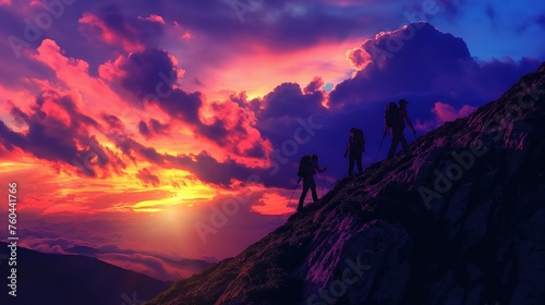 Silhouettes of friends hiking up a rugged mountain trail against a vibrant sunset backdrop. © Hasni