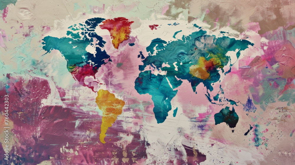 Abstract world map painting evoking global connectivity and artistic interpretation of geography. - obrazy, fototapety, plakaty 