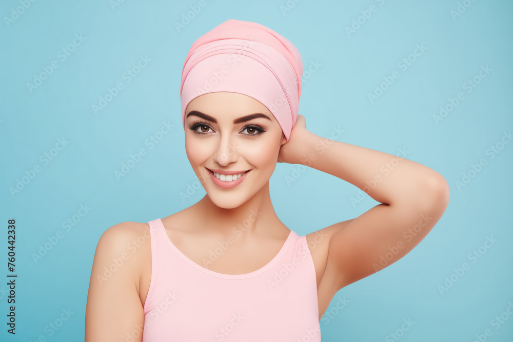 Muslim Iran Confident young woman with stylish headscarf and radiant smile against peach backdrop. Muslim Iran Confident young woman with stylish headscarf and radiant smile against peach backdrop.