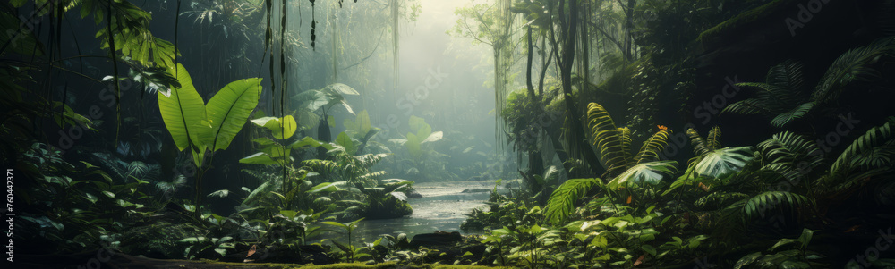 Sunlight filters through dense jungle, illuminating natural path, banner Realistic nature rainforest. - obrazy, fototapety, plakaty 
