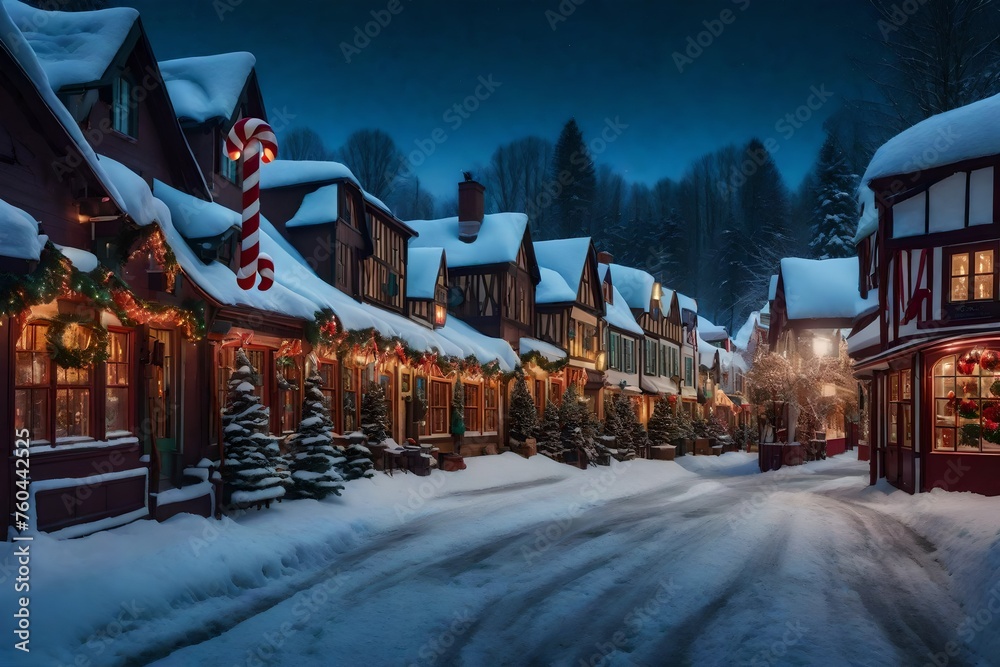 A charming snow-covered village with candy-cane lamps and cheerful stores  