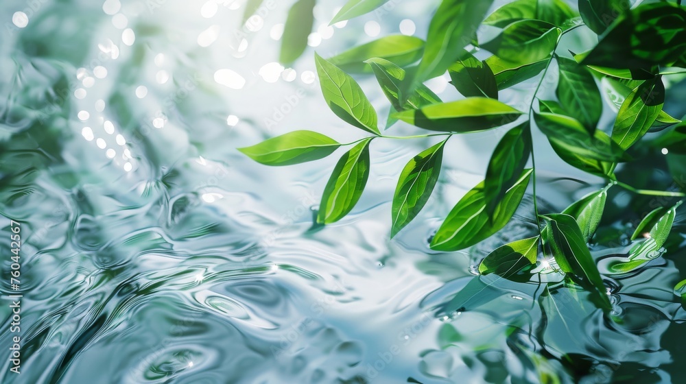 Spa Product Green leaves show clear water on a light background. Summer concept, flat lay, top view. background for the display of natural cosmetics. Nature background for luxury product placement Spa Product Green leaves show clear water on a light background. Summer concept, flat lay, top view. background for the display of natural cosmetics. Nature background for luxury product placement