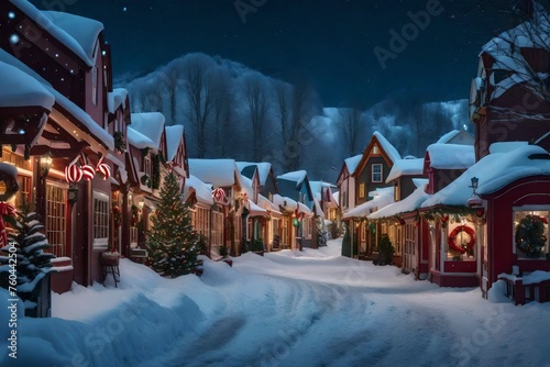 A charming snow-covered village with candy cane streetlights and colorful businesses. 