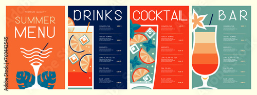 Retro summer restaurant cocktail menu design. Vector illustration