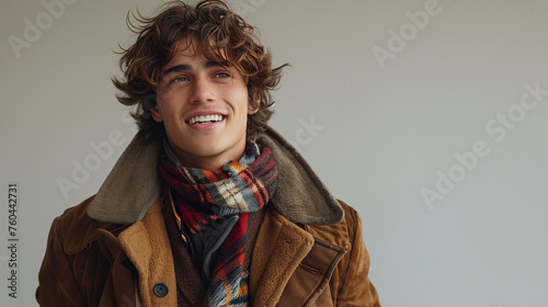 Close up portrait of a handsome man with captivating blue eyes, sporting curly hair and a cozy knit sweater, exuding relaxed confidence.