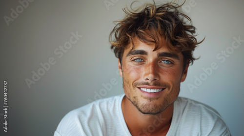 Close up portrait of a handsome man with captivating blue eyes, sporting curly hair and a cozy knit sweater, exuding relaxed confidence.