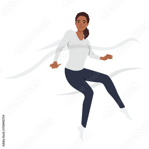 Woman walks in weightlessness and waves arms located among multi colored drops flying in different directions. Flat vector illustration isolated on white background
