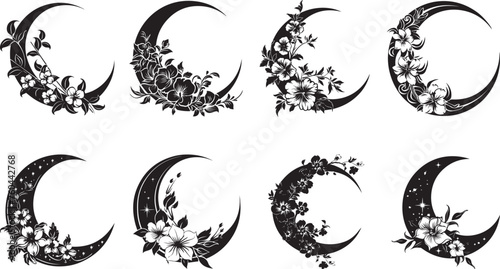 Crescent moon phases with flowers silhouette, Floral magic celestial clipart photo