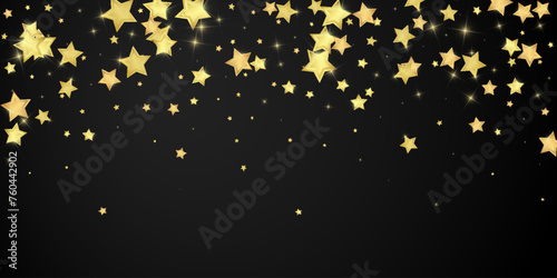 Magic stars vector overlay. Gold stars scattered around randomly, falling down, floating. Chaotic dreamy childish overlay template. Vector magic overlay on black background.