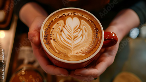 Barista making latte art with coffee in a cafe, close up hand holding a silver milk pot and pouring cream