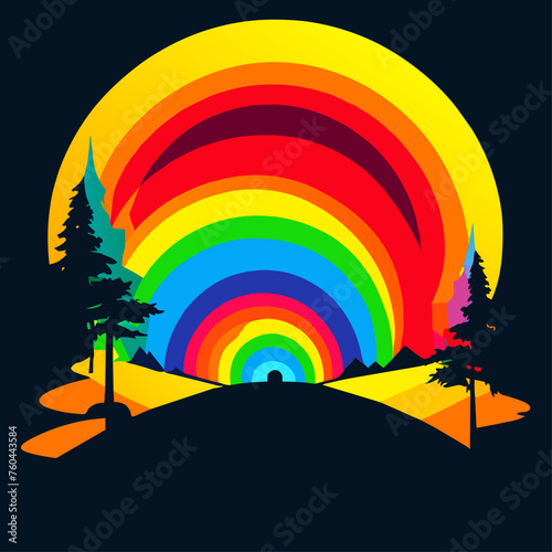 Abstract rainbow with trees and mountains in a colorful background.