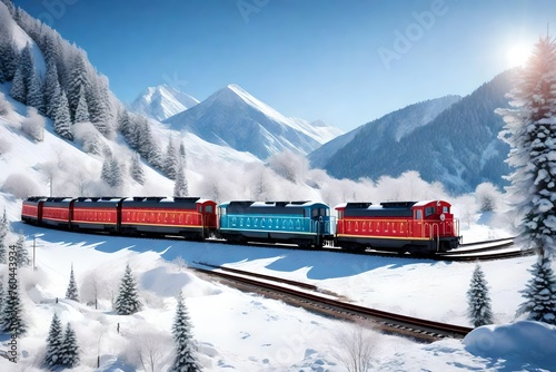 The festive holiday train winds its way through a snowy mountain scenery. 