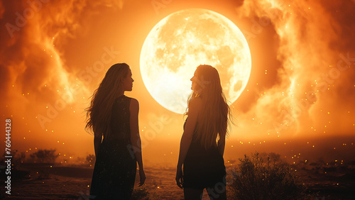 Rencontre cosmique entre 2 femmes sous un ciel enflammé, 8K photo