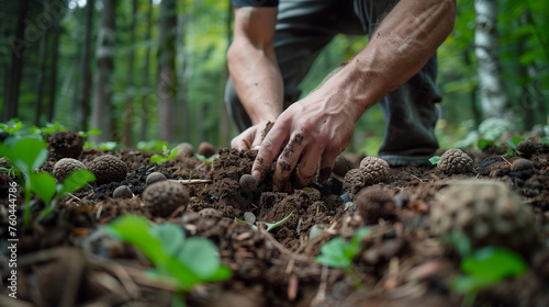 Person harvesting truffles  forest soil  green foliage.