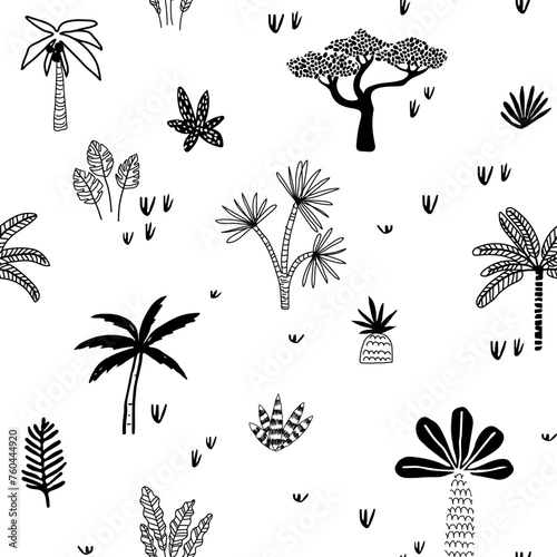 Beautiful botanical seamless drawing background with coconut palms and tropical trees and actual plants silhouettes. on a white background. children's drawing style