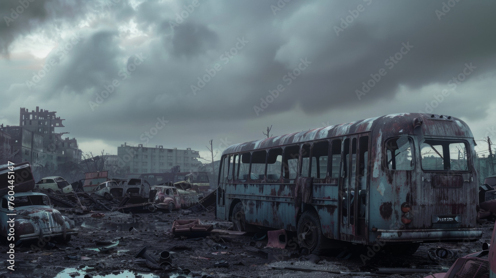 Apocalyptic cityscape with abandoned vehicles and desolation, depicting a scene of eerie silence. Apocalyptic cityscape with abandoned vehicles and desolation, depicting a scene of eerie silence.