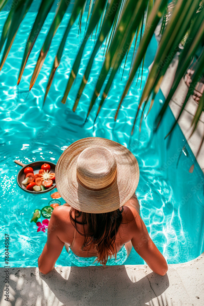 Woman in a pool with fruit. Selective focus.