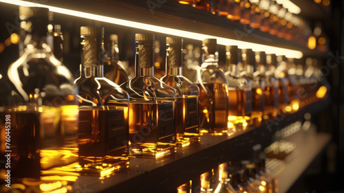 Bottles of premium spirits elegantly displayed on backlit shelves in a bar.