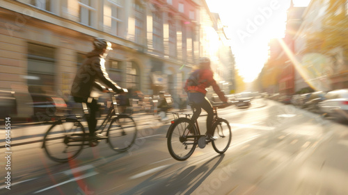 Urban cyclists in motion blur cruise through city streets, basking in the golden hues of sunset.