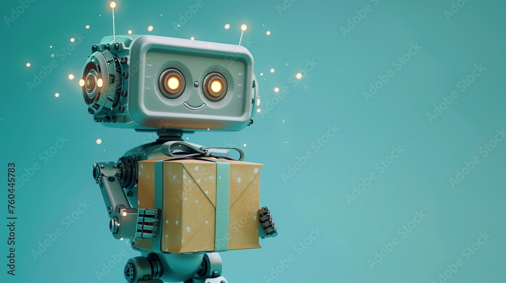 Fototapeta premium Adorable robotic character holding a gift box, set against a festive aqua background with sparkling lights..
