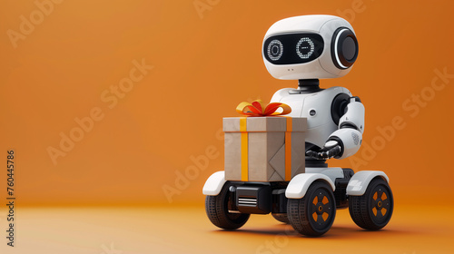 A white autonomous robot delivering a gift box against an orange backdrop, illustrating modern delivery services..
