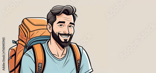 A man with black hair, beard, backpack, and a smiling gesture