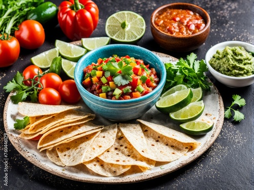 mexican vegetable salsa with vegetables and sauces on background