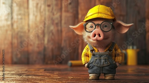Pig in construction outfit with glasses and a hard hat.