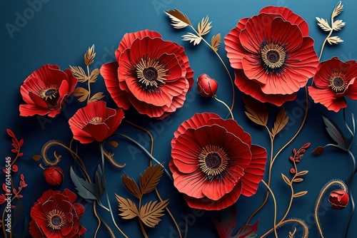 Red poppies on blue background. Remembrance Day  Armistice Day  Anzac day symbol. Paper cut art style  Generative AI 