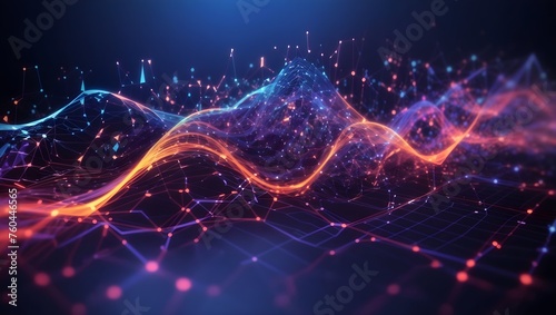 Cyber big data flow. Blockchain data fields. Network line connect stream. Concept of AI technology, digital communication, science research, 3D illustration music waves