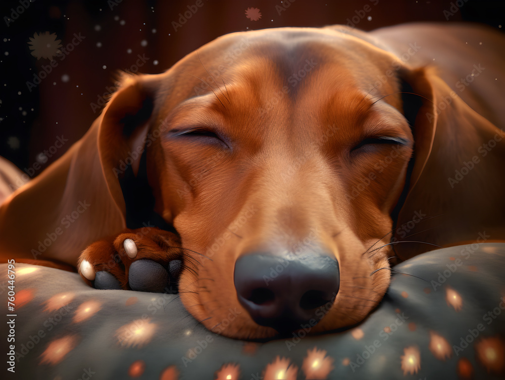Sleeping dachshund. Cute dog sleeps and dreams.