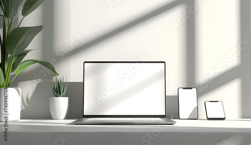 3D render of a laptop mockup with a blank screen on the table, accompanied by a phone and tablet. The setup is placed on a white background with a green plant.