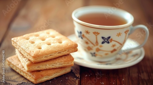 A white cup of tea with a vintage pattern beside layered square biscuits. photo