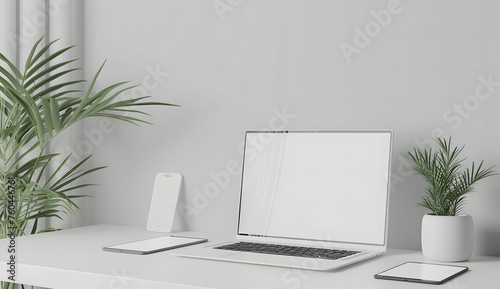 3D render of a laptop mockup with a blank screen on the table, accompanied by a phone and tablet. The setup is placed on a white background with a green plant.
